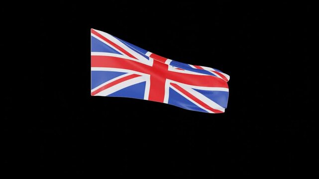 United Kingdom flag waving in the wind with a black background. Realistic British flag featuring the Union Jack in red, white, and blue.