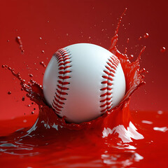 Baseball splashing into vibrant red liquid creating an energetic and playful display that captures attention and evokes excitement.