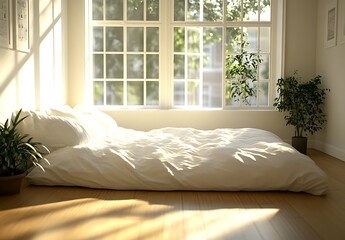 Sunlight in Minimalist Bedroom White Bed, Plants, Wooden Floor