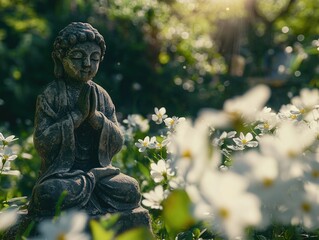 Statue in White Flower Field