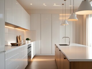 Modern kitchen with white cabinetry and pendant lighting above island