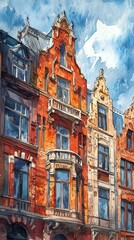 Obraz premium Colorful urban buildings with fire escapes in a lively street setting