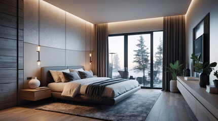 Elegant Scandinavian bedroom with neutral furniture large bed mirror lamp and scenic nature views outside the window Modern Interior Design Inspiration