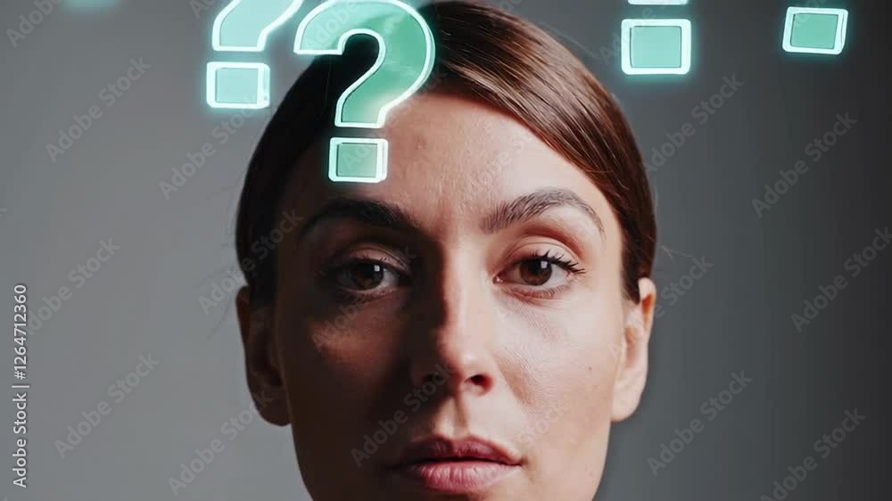 Poster Multiple images of a pensive businesswoman with animated question marks appearing above her head, symbolizing the challenging decision making process in a corporate setting