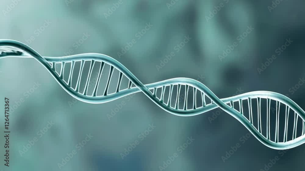 Poster Rotating dna double helix spinning against teal background, revealing intricate molecular structure and genetic information through mesmerizing slow motion 3d animation