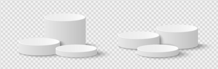 Cylindrical podium of different sizes, round podium, stage. Vector 3D podiums isolated on transparent background