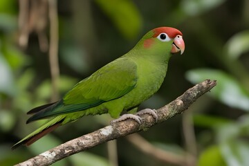 Red-headed Parrot perching rainforest branch, vibrant foliage background, wildlife photography