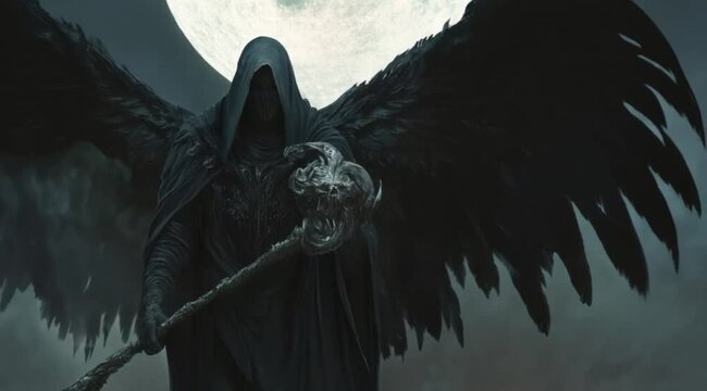 Dark Angel with Staff Under the Moon