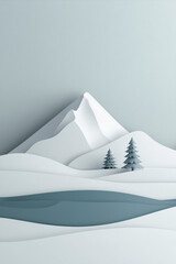 Minimalist Winter Landscape With Snowy Mountains and Pine Trees.
Paper Cut Style.