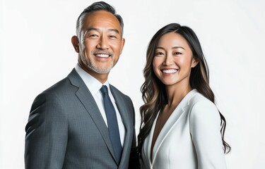 Fototapeta premium Duo business partnerships man and woman standing together in front of plain white background, pose confidently, symbolizing power of partnership and mutual respect.