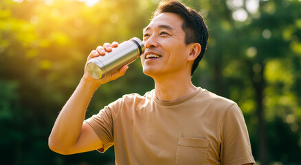 Man drinking water from bottle in park, refreshment and hydration during outdoor activity, healthy lifestyle and wellness in nature