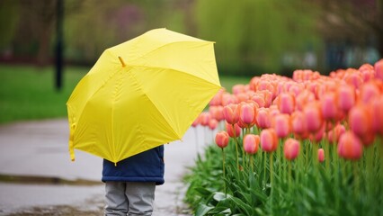 Child with yellow umbrella in garden with pink tulips and pathway in spring with copy space