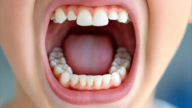 A close-up of a wide-open mouth displaying teeth and tongue, likely indicating a dental or health examination context.