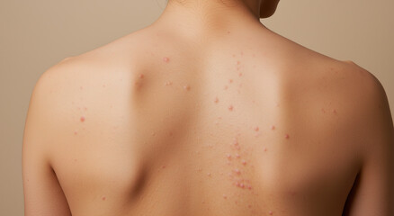 Naklejka premium Skin condition and acne on back with dermatology symptoms, medical examination for healthcare treatment. Close up of inflammation and skin problems for diagnosis and therapy