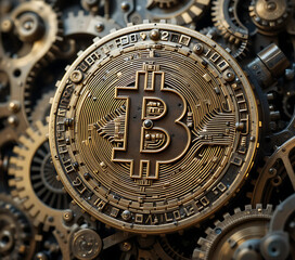 A steampunk-themed clockwork Bitcoin, with gears and cogs turning in the background."