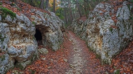 A hidden waterfall cascading down mossy cliffs in a mountain valley.