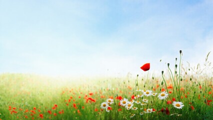 Vibrant wildflowers in meadow with copy space for nature-themed designs and backgrounds