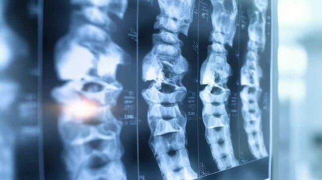 Detailed medical x ray revealing cervical spine vertebrae through illuminated slow motion visualization, highlighting anatomical bone structure and potential diagnostic insights