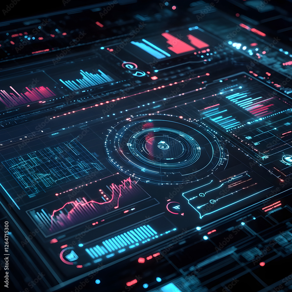Poster cybernetic interface: digital display showcasing complex data visualizations with vibrant red and bl