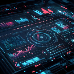 Fototapeta premium Cybernetic Interface: Digital display showcasing complex data visualizations with vibrant red and blue neon light, representing a modern interface.