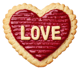 Heart Shaped Cookie with Love Text Red Jam Filling on Transparent Backdrop