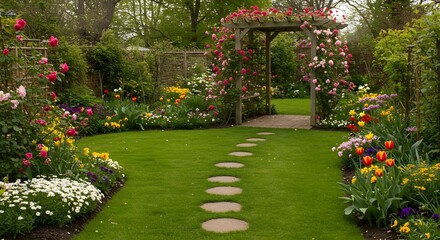 Fototapeta premium Stunning Garden with Rose Arbor and Colorful Flowers