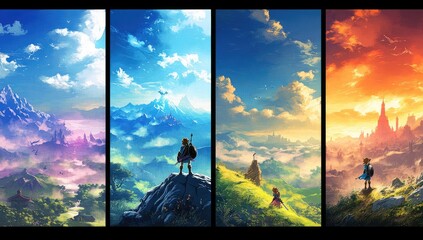 Epic landscapes, 4-time traveler, fantasy world, scenic journey