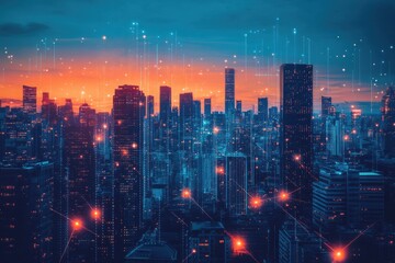 Fototapeta premium Futuristic Cityscape at Dusk with Data Streams and Neon Lights Capturing Urban Technology