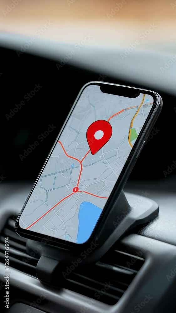 Aufkleber Digital navigation app displaying route and current position on smartphone screen, mounted on car dashboard, capturing gps tracking in smooth slow motion