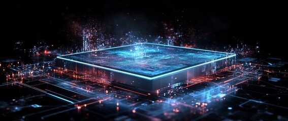 Glowing blue platform in a futuristic environment with cyberpunk elements and high-tech data visualization