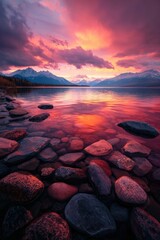 Obraz premium Sunset reflection on mountain lake with stones