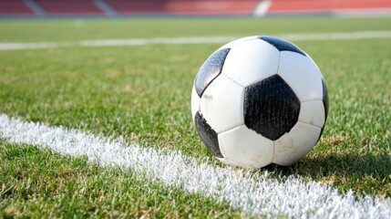 Close-Up View of a Classic Black and White Soccer Ball Resting on a Green Grass Field Near a White Marking Line in a Stadium Setting