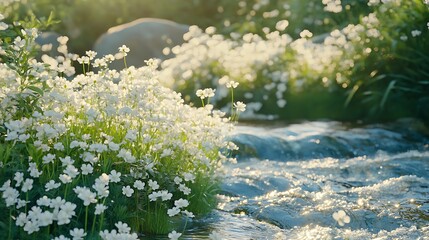 Naklejka premium Fresh Flowers Blooming Along Sparkling Stream Lush Greenery In Spring