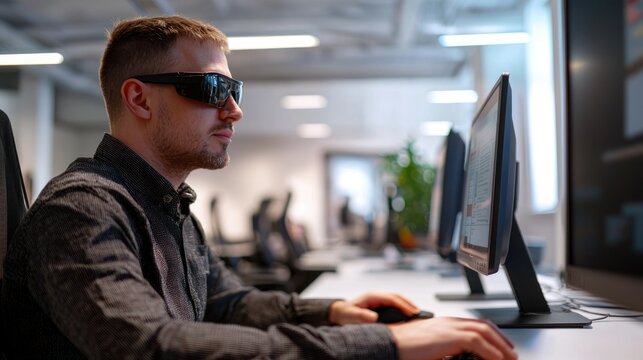 A blind professional using a screen reader on a computer in a modern workspace.