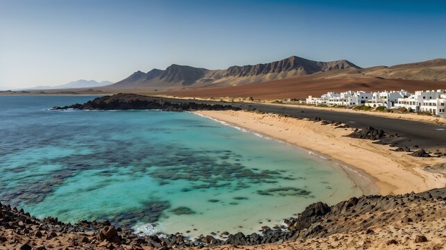 Giniginamar, Fuerteventura - Bucht und Strand mit dem alten Ortsteil, Blick vom Wanderweg aus Tarajalejo kommend