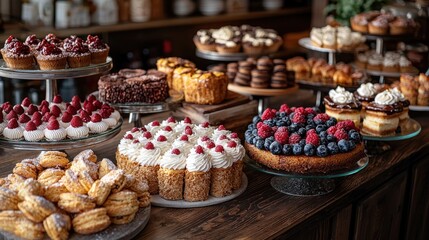 Fototapeta premium A vibrant display of assorted pastries and desserts in a cozy bakery setting