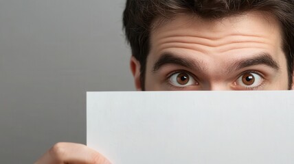 Man peering over blank paper, curious expression.