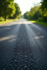 Obraz premium Dew-Kissed Asphalt A Scenic Road Beckons Through Lush Foliage Under a Soft, Bright Sky
