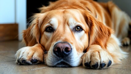 Golden retriever relaxing with gentle expression