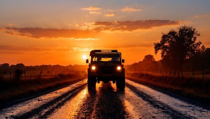 Golden sunset over a country road silhouette