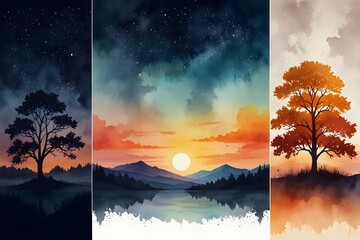 Day and night time contrast landscapes in watercolor style