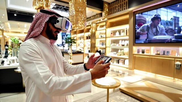 Immersive Retail Experience: Man uses VR headset and phone in a luxurious store.