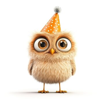 birthday clipart 3d cartoon style lovely fluffy owl bird with big eyes in a festive party hat isolated on white background