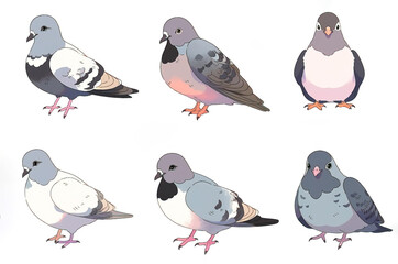 Naklejka premium set of cute cartoon anime pigeon birds isolated on white background