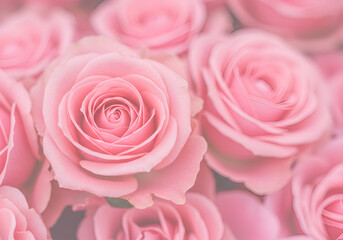 Fototapeta premium light pink roses in soft color and blur style for background. sweet color roses flowers in pastel tone with blurred style for background pattern texture. sweet color flower petals in soft color