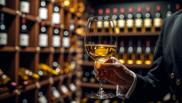 Elegant Sommelier Presenting a Glass of White Wine in a Luxury Wine Cellar perfect for use in marketing materials, restaurant promotions, wine tasting events, and upscale hospitality branding