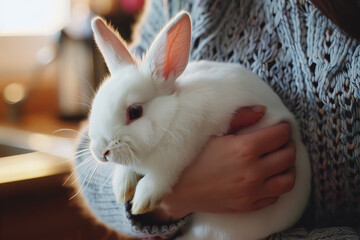 Naklejka premium close-up of a woman in a sweater holding a fluffy white domestic bunny in hands indoors