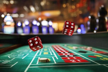 close-up craps table in a casino, dice mid-air about to land, exciting atmosphere