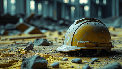 Abandoned Hard Hat in a Ruined Construction Site ideal for themes related to construction safety, workplace hazards, industrial decline, or disaster aftermath