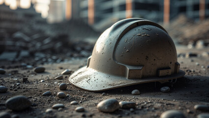 Abandoned Hard Hat in a Ruined Construction Site ideal for themes related to construction safety, workplace hazards, industrial decline, or disaster aftermath